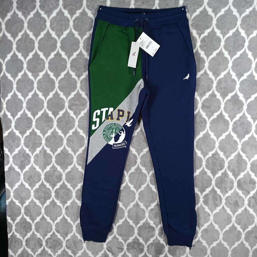 Staple Pigeon Jogger Swaetmants Men Size Small Blue Green Canal Pieced Zip Ankle